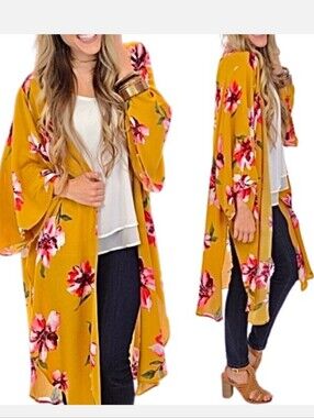 Infinity Raine Mustard Floral Oversized Kimono Duster